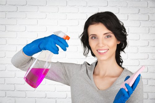 Safety-focused carpet cleaning procedure with cleaning solution and caution signs